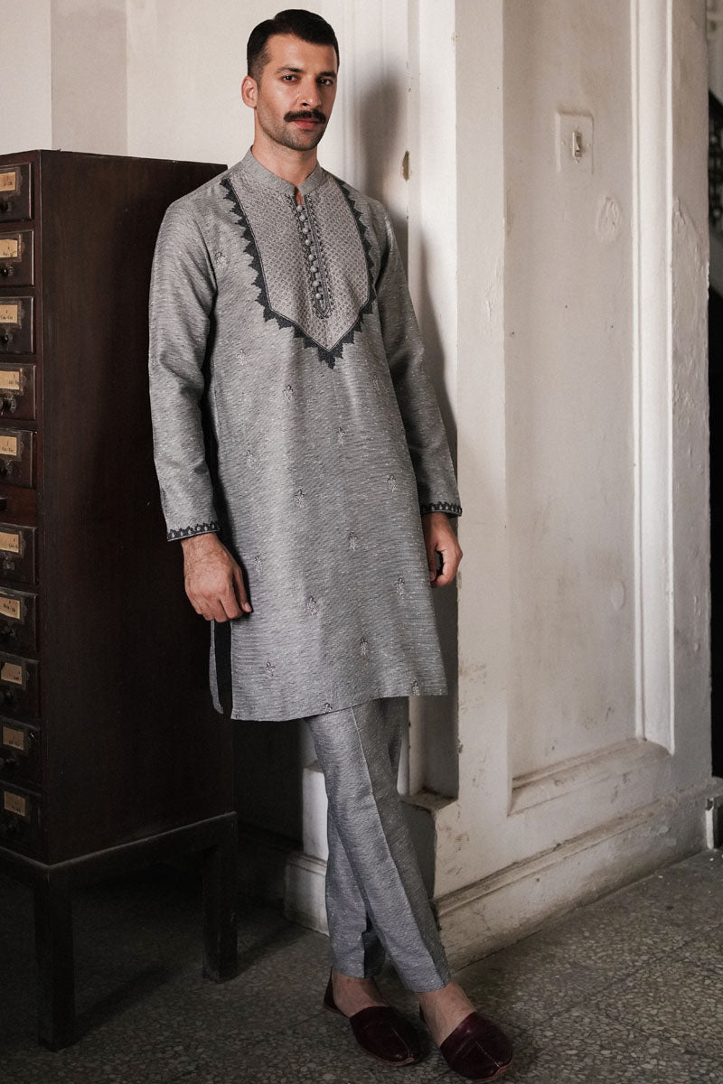 CHARCOAL GREY COTTON SLUB KURTA TROUSER