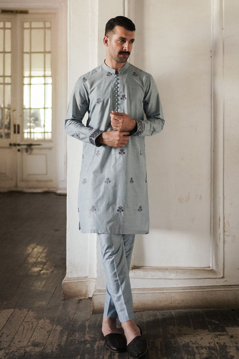 DUSTY BLUE COTTON SLUB KURTA TROUSER