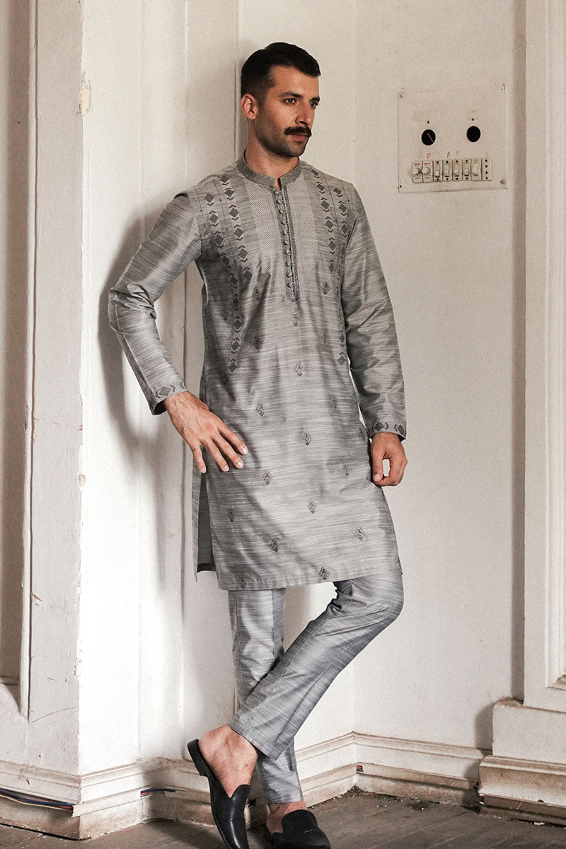 GREY COTTON SLUB KURTA TROUSER