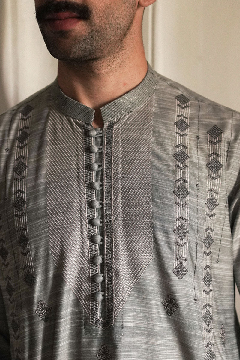 GREY COTTON SLUB KURTA TROUSER